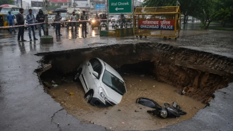 Heavy Rain Causes Ghaziabad Road To Collapse, Car And Scooter Fall Into Ditch