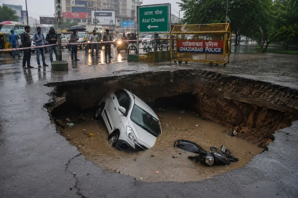 Heavy Rain Causes Ghaziabad Road To Collapse, Car And Scooter Fall Into Ditch